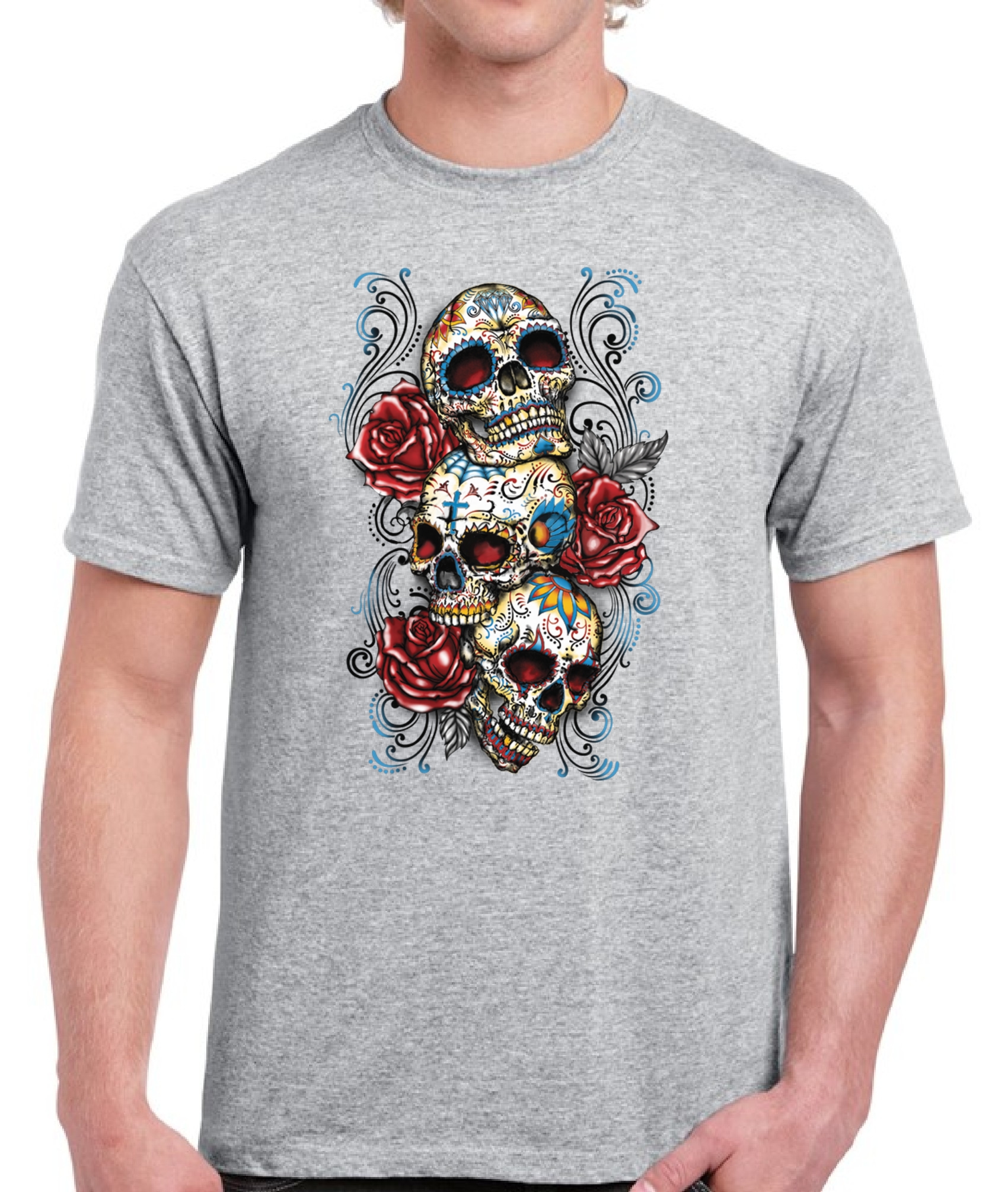Skull V-neck T shirt Tops Three Sugar Skulls Roses Men's Day of Dead 